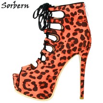 Women Pumps Plus Chinese Size 34-47 High Thin Heels Peep Toe Lace Up Leopard Wom - £151.54 GBP