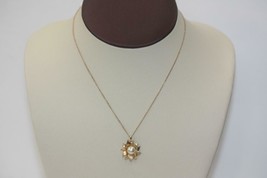 Fine 14K Yellow Gold Pearl Flower Pendant Necklace Thin Chain 15&quot;LG - 3.5 grams - £165.45 GBP