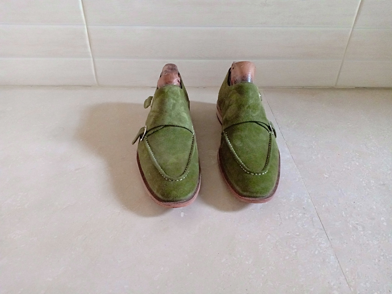 Double Buckle Strap Green Monks Suede Leather Derby Rounded Toe Handmade Shoes