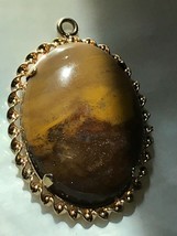 Vintage Goldtone Rope Edged Oval Light &amp; Dark Brown Stone Pendant – 1.5 x 1 inch - $10.39