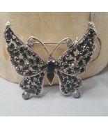 Butterfly Brooch Pin Black Rhinestones Silver Toned Straight Pin Turn Clasp - £6.80 GBP