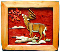 Buck Eating Hand Crafted Intarsia Wood Art Wall Hanging 20 X 18 X 2 Inches - £55.66 GBP