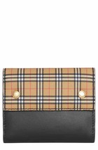 BURBERRY Luna Vintage Check and Leather Wallet with 6 Card Slots Antique Yellow - £268.24 GBP