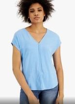 Bar III Women&#39;s Plus Blue Seamed V Neck Short Sleeve Blouse Stretch 2X NWT - £15.17 GBP