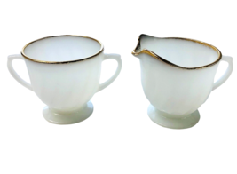 Anchor Hocking Fire King VTG Fluted Swirl Milk Glass Gold Trim Cream and Sugar - £21.55 GBP