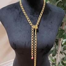 Gold Tone Tie a Knot Pink Chunki Gem Stone Lariat Style Long Chain Necklace - £20.85 GBP