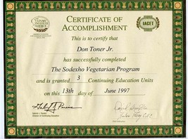 Culinary Institute of America Sodexho Vegetarian Certificate of Accomplishment - £14.24 GBP