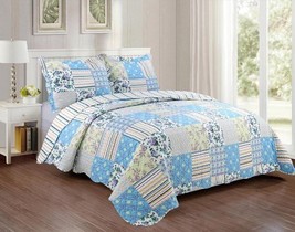 KARO FLOWERS PATCHWORK LIGHT BLUE REVERSIBLE BEDSPREAD QUILTED SET 3 PCS... - $49.49
