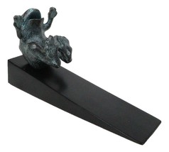 Brass Metal Whimsical Laughing Frog Toad Door Stop Stopper With Wood Wedge - $32.99