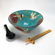 Red Moon Crane Ceramic Ramen Rice Bowl With Soup Spoon Chopsticks And Re... - $33.99