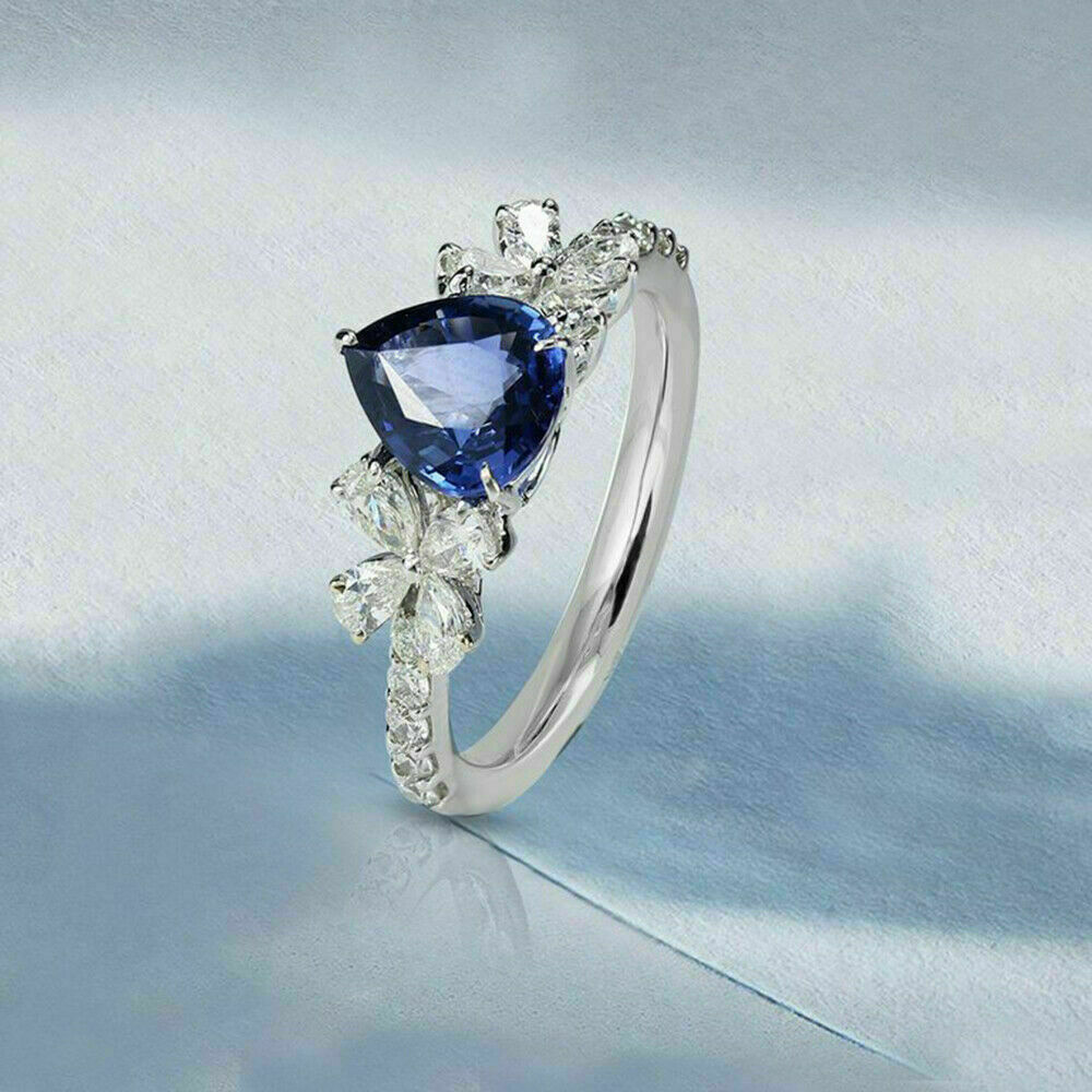 2.00Ct Pear Cut Blue Sapphire Solid 925 Sterling Silver Designer Engagement Ring