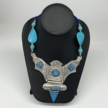 Turkmen Necklace Antique Afghan Tribal Blue Turquoise Inlay V-Neck, Necklace T52 - £78.31 GBP