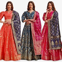 Donna Lehenga Choli &amp; Dupatta Etnico Jacquard Abito senza Taglia Semi-Cucita V-2 - £38.37 GBP