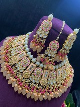 Gold Plated Bollywood Style Enameled Peach Indian Choker Necklace Jewelry Set - £68.33 GBP