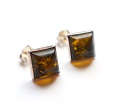 Vintage Geen Amber Sterling Earrings Square Diamond Shaped 16mm Domed - £42.92 GBP