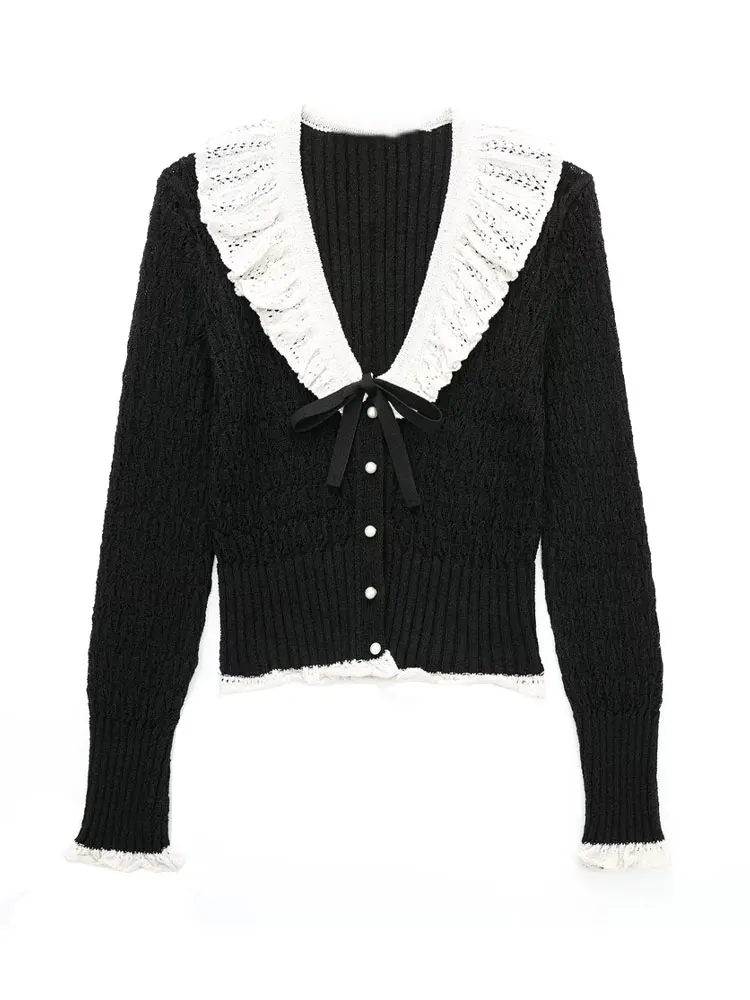INSRPLS Women  Front Bow Tie Semi-sheer Knit Cardigan  Vintage V Neck Long Sleev - £106.23 GBP