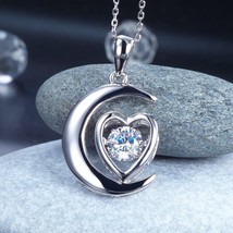 Moon Heart Dancing Stone Pendant Necklace 925 Sterling Silver Bridesmaid Gift - £97.13 GBP