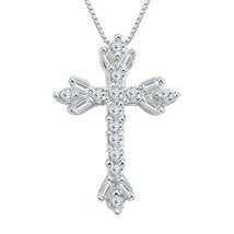 1/10CT Simulated Diamond Floral Cross Pendant Chain 14K White Gold Plated Silver - £36.75 GBP