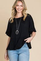 Boat Neck Tiered Ruffle Sleeve Top Black Medium - £14.73 GBP