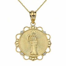 Solid 14k Yellow Gold Gold Diamond Santa Muerte Circle Pendant Necklace - £230.11 GBP+