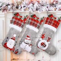 Burlap Christmas Stockings 3 Pack 18&quot; Red Grey Buffalo Plaid Embroidered... - £35.98 GBP