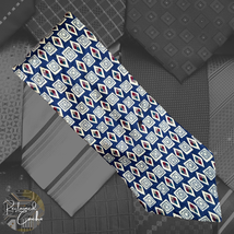 Blue Geometric Alternating Square and Diamond Tie Mens Pointed All Silk Tie - $20.00