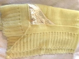 Mid Century Vintage Lacey Acrylic Cradle Knit Baby Blanket  Lace Satin Pocket  - £14.03 GBP