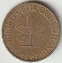 1967 F Germany Federal Republic 5 Pfennig coin Peace Age 56 years old KM... - $1.89