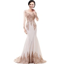 Kivary Vintage Illusion Long Sleeves Mermaid Gold Lace Crystals Prom Evening Dre - £92.24 GBP