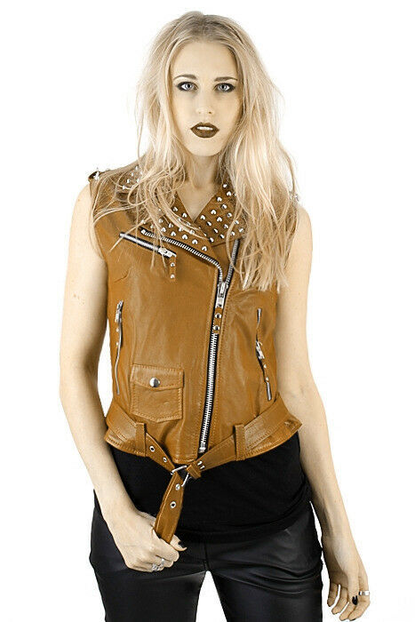 Women's Handmade Orange Biker Slim Fit Leather Silver Studded Belted Brando Vest