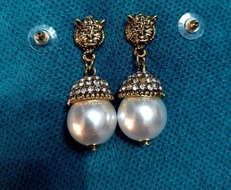 Dramatic huge trendy tiger head pearl rhinestone cluster dangle earrings - $26.94