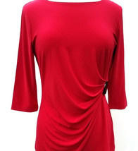 Lipstick Red Solid Draped 3/4 Sleeve Top w/ Pewter Bar Accent by Picadilly - £33.73 GBP