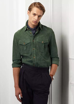 New Green Soft Suede Leather Shirt Men Handmade Stylish Party Casual Designer - £89.68 GBP+