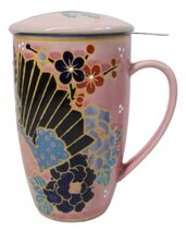 Japanese Fan Festival 15oz Porcelain Tea Mug With Lid &amp; Stainless Steel ... - $24.99