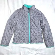 Gray Quilted Reversible Fuzzy Mint Green Spring Jacket Coat Size L 12 Warm - £18.66 GBP