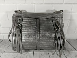 B.Makowsky leather handbag, silver w/animal print liner and shoulder strap - £31.45 GBP