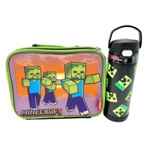 Minecraft Thermos Insulated Lunch Bag and 16oz Bottle Creeper Black Green 10x7x3 - £9.18 GBP