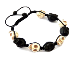 Dia De Los Muertos Halloween Skull Gemstone Hemp Boho Macrame Black Bracelet - $9.49