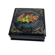 Vintage Russian Trinket Box Black Lacquer Wooden Hand Painted Signed Hinged - £40.54 GBP