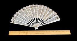 Antique 1900s Lace Sequin Victorian Flowered Ladies Hand Held Fan Off White image 2