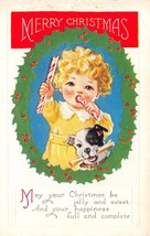 Young Girl With Candy Canes~Cute Dog With Bone~Merry Christmas Postcard c1910s - £4.73 GBP
