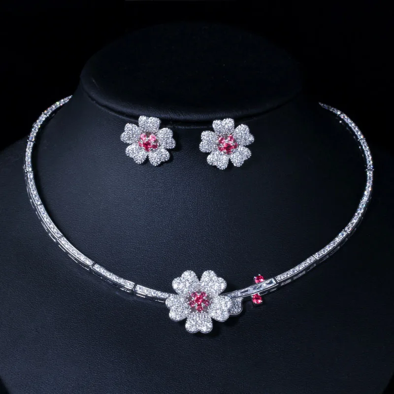 CZ Crystal Red Rose Flower Women Choker Necklace and Earrings Bridal Jewelry Set - £39.72 GBP