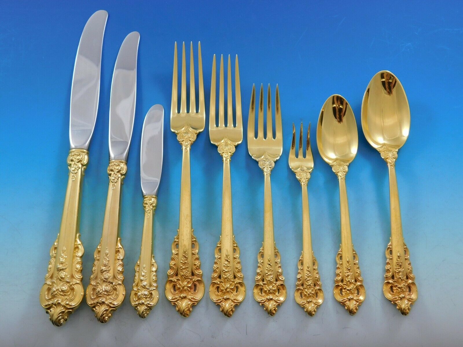 Golden Grande Baroque by Wallace Sterling Silver Flatware Set Dinner 72 pcs Gold - $6,831.00