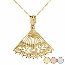 14k Yellow Gold Cut Out Japanese Handheld Folding Hand Fan Pendant Necklace - £112.88 GBP+