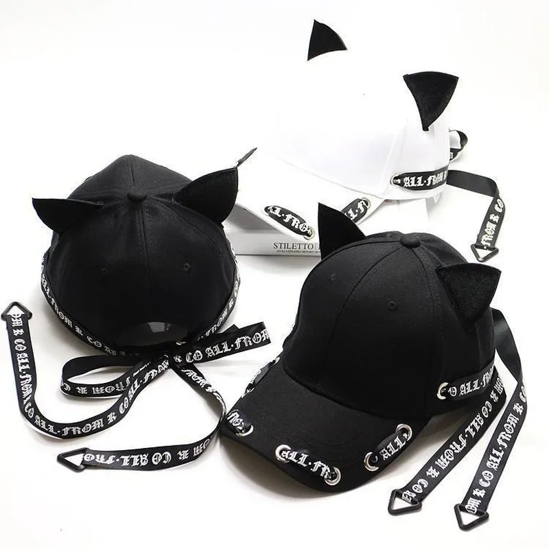 Punk Long Strap Cap Unisex Cat Ears Baseball Caps Women Streamer Cap Men - £12.91 GBP+