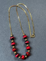 Thin Goldtone Chain w Red &amp; Black Plastic Bead Necklace – 18 inches in length x - £9.00 GBP