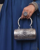 Exclusive Hand Carved silver clutch Antique Purse Wallet Hand Bag Kundan JewelrM - £56.65 GBP