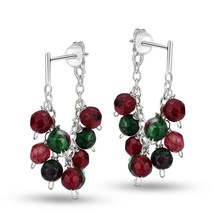 Minimalist Red Green Stone Sterling Silver Chain &amp; Stone Front-Back Earrings - £12.81 GBP