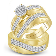 10k Yellow Gold His & Her Round Diamond Cluster Matching Bridal Wedding Ring Set - $799.00