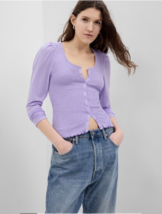 New GAP Women Button Front Top Sz L Purple Smocked Bodice Long Sleeve Crop Slim - £23.35 GBP